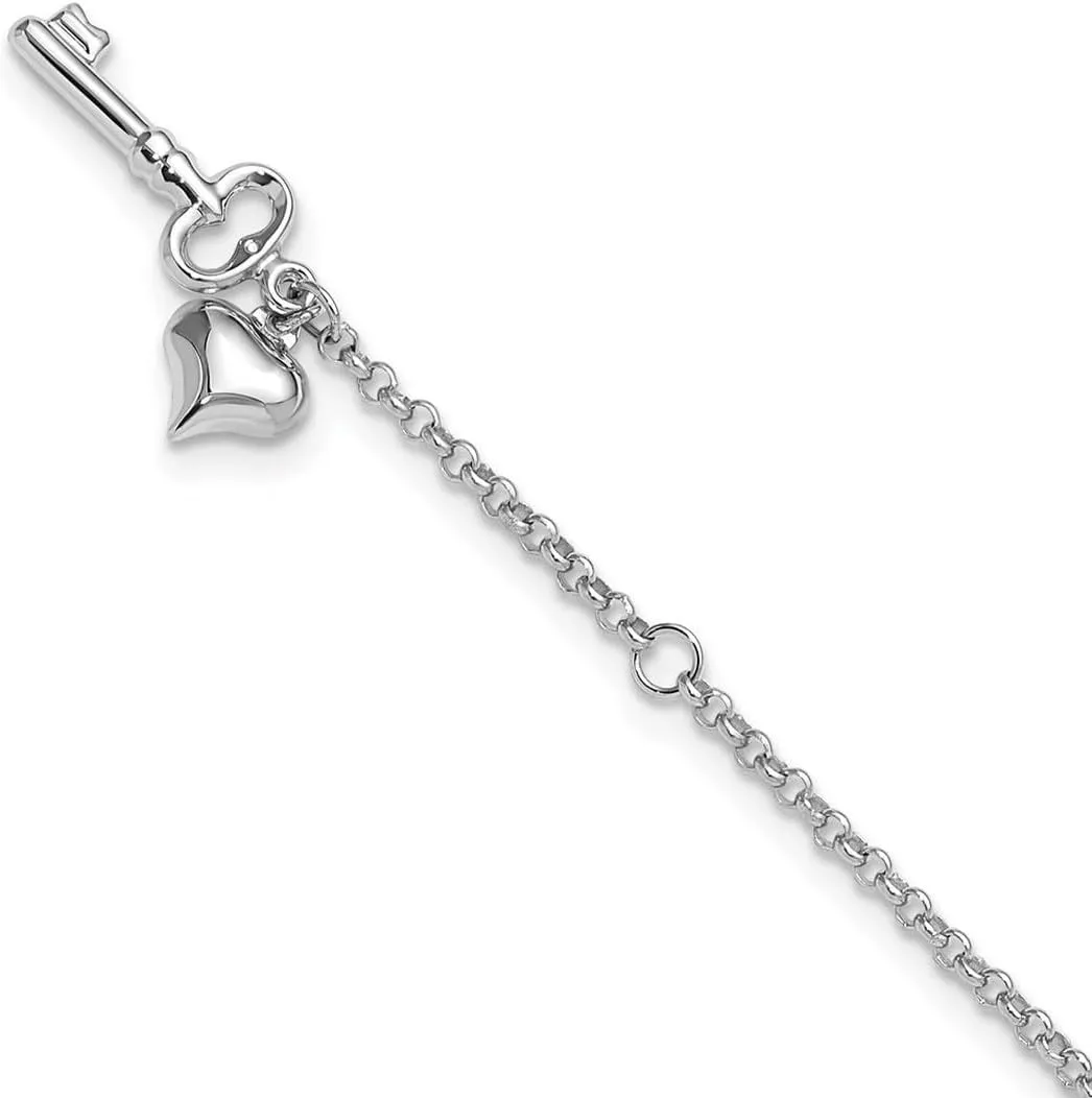 14k White Gold Hollow Polished Fancy Lobster Closure Adjustable Puffed Love Heart Key Anklet 10 Inch-Lobster Claw-Anklet for Women
