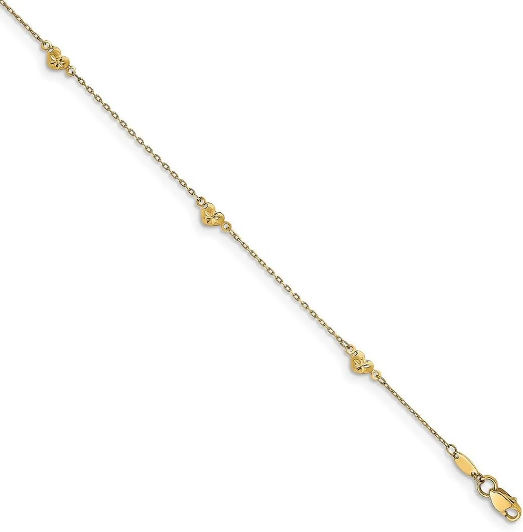 14k Yellow Gold Solid Brushed Lobster Claw Closure Polished and Sparkle Cut Love Heart With 1inch Ext. Anklet 9 Inch 1mm Wide-Anklet for Women