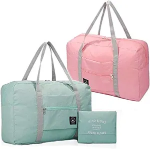 2 Pack Foldable Travel Bag Waterproof Travel Duffel Bag,Women Ladies Man Canvas Weekender Bag Overnight Carry-on Tote Duffel in Trolley Handle (Pink&Blue)
