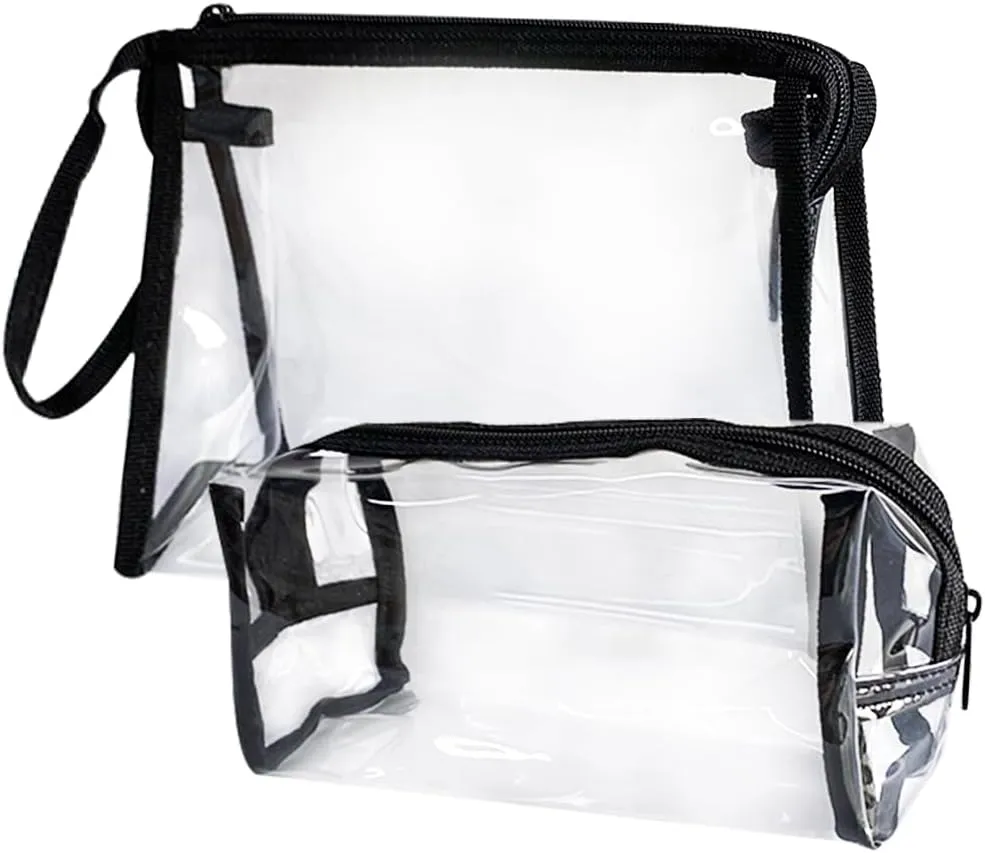 2 Sets Portable Waterproof Makeup Bag Set Clear Pouch for Travel,Clear Solid Makeup Bags with Zipper for Purse,Cosmetic Brush Bag,Pen Pouch (Black L S)