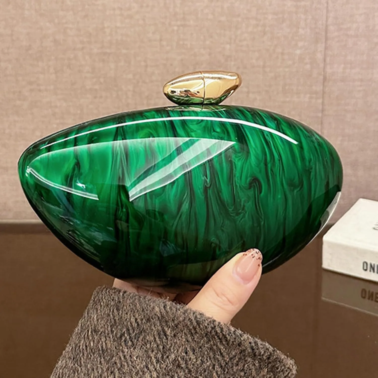 2025 Fashion Acrylic Evening Clutch Purse Marble Pattern Oval Chain Shoulder Bag Parties Weddings Formal Events