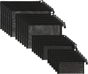 24 Pack Mesh Cosmetic Bags Nylon Makeup Bags Mesh Zipper Pouch Pencil Case Travel Organizer Bags 4 Sizes, Black