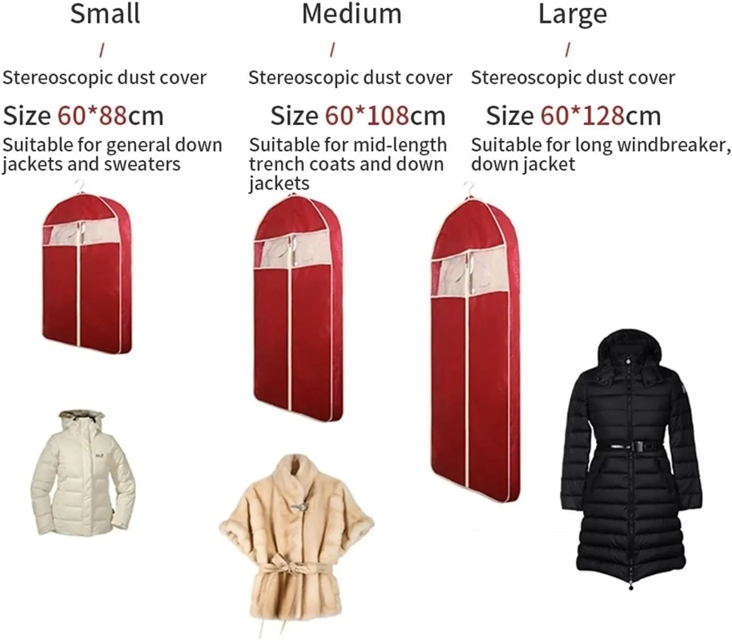 2pc Bag Widened Non-woven Clothing Cover For Garment Dress Suit Coat Big Cloth Case Hanging Pocket Storage Organize Bags(Red,60x128cm)
