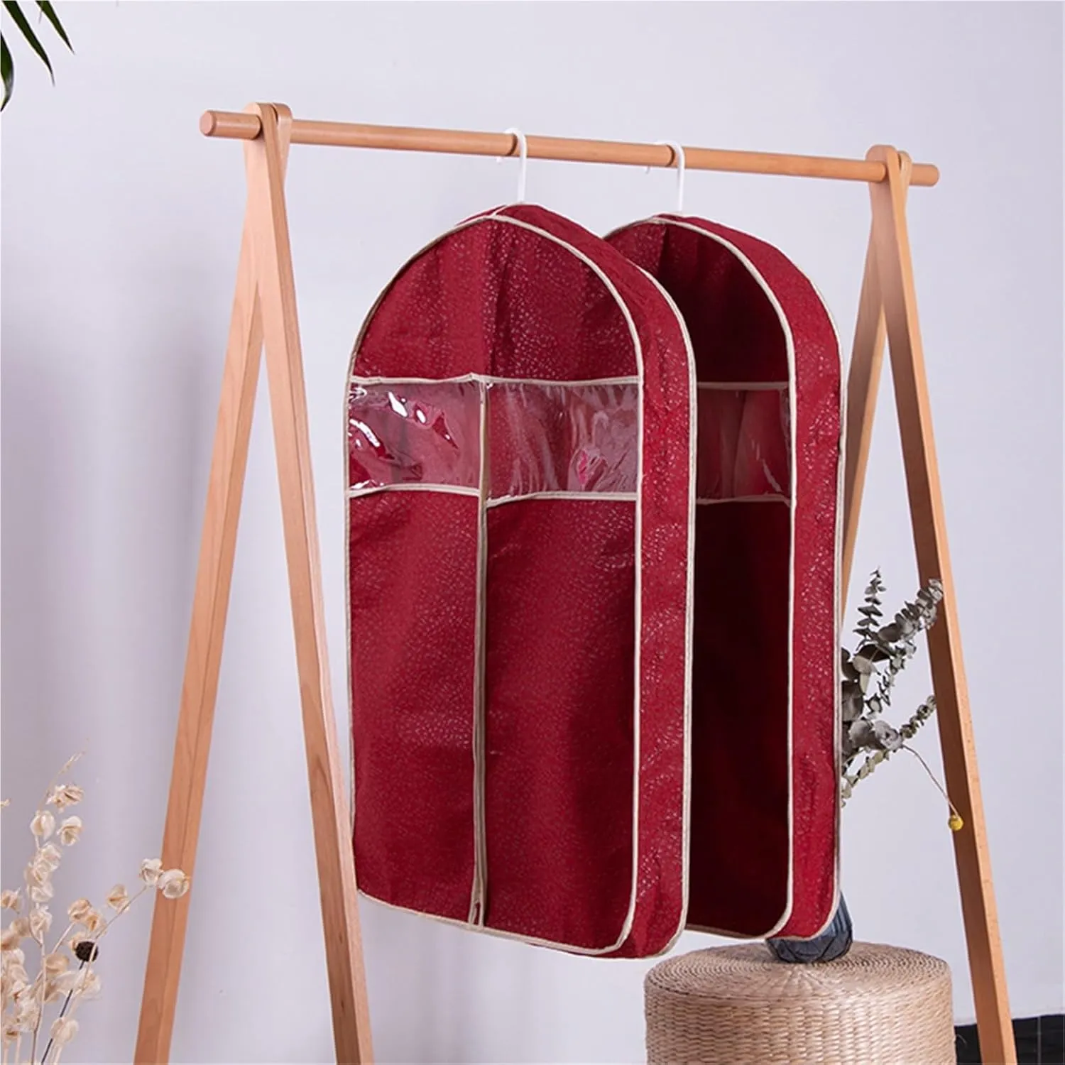 2pc Bag Widened Non-woven Clothing Cover For Garment Dress Suit Coat Big Cloth Case Hanging Pocket Storage Organize Bags(Red,60x128cm)