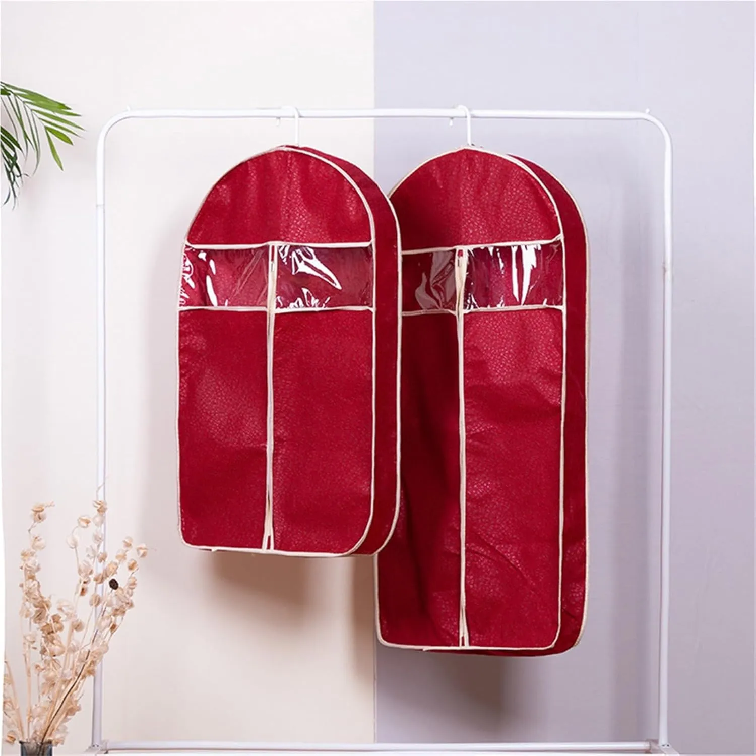 2pc Bag Widened Non-woven Clothing Cover For Garment Dress Suit Coat Big Cloth Case Hanging Pocket Storage Organize Bags(Red,60x128cm)