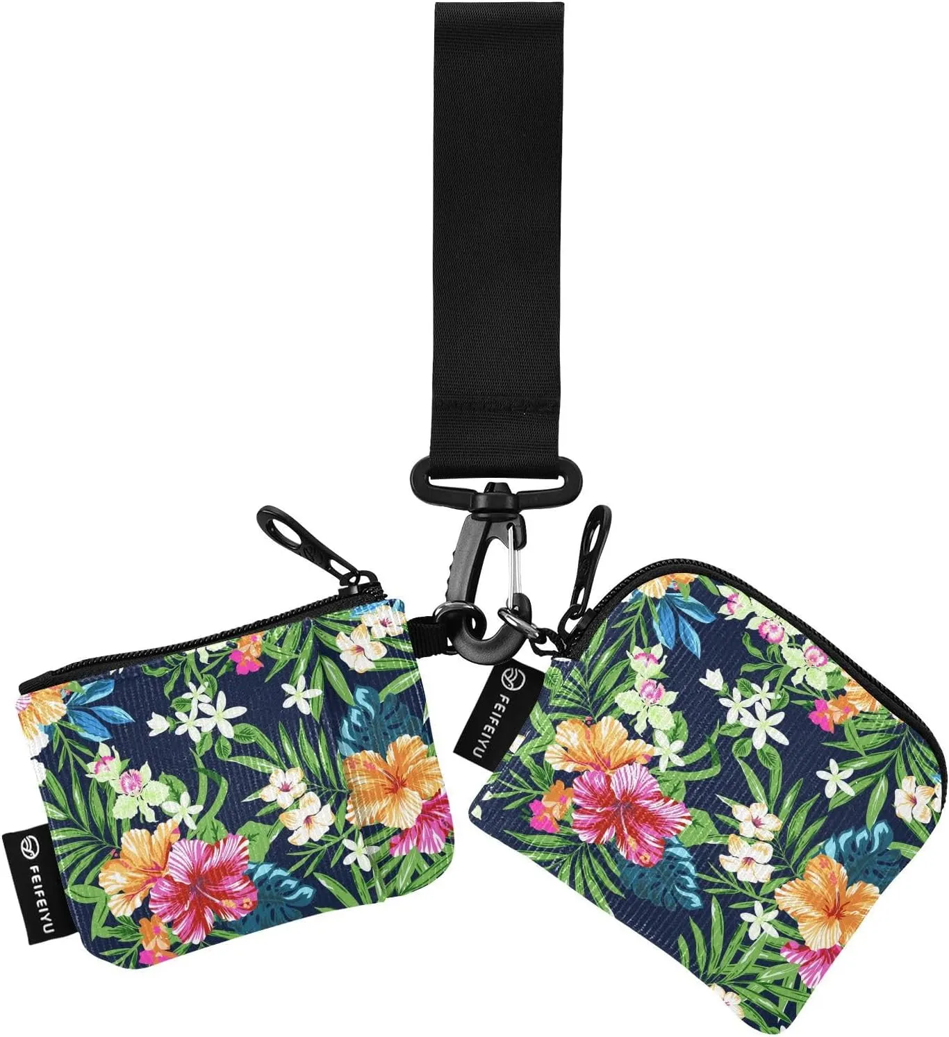 2PCS Coin Purse Wristlet Wallets Keychain Wallet Zip Around Portable Wallet with Detachable Dual Pouch Colorful Tropical Flowers