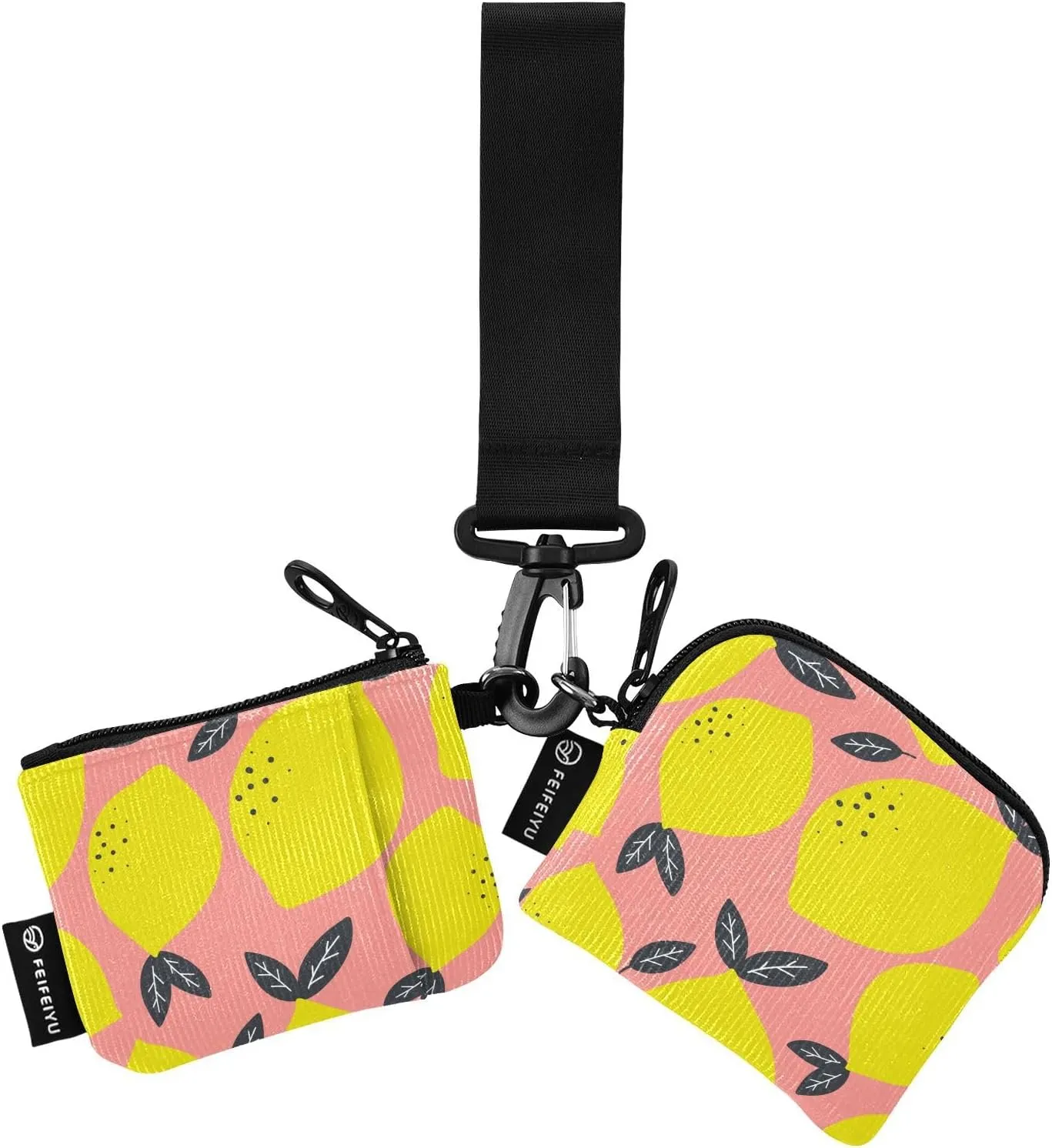 2PCS Coin Purse Wristlet Wallets Keychain Wallet Zip Around Portable Wallet with Detachable Dual Pouch Pink Background Lemon