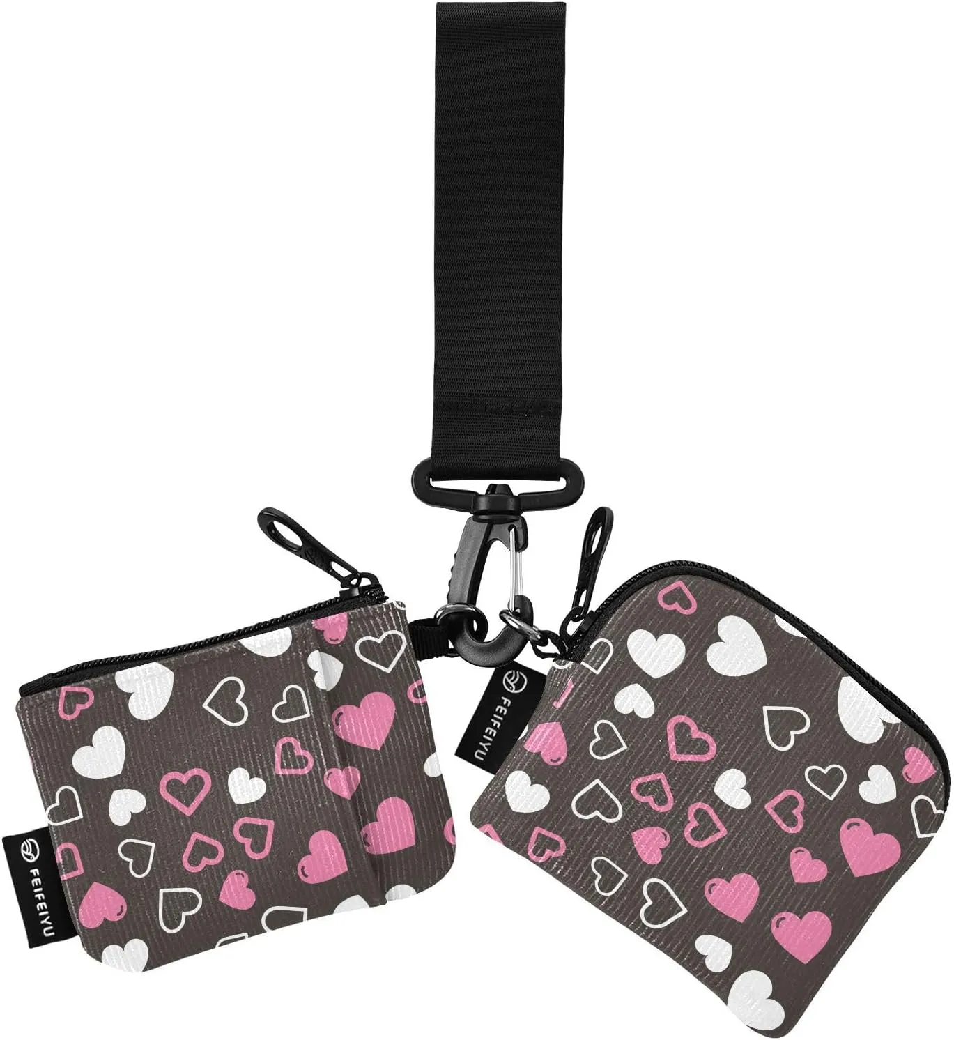 2PCS Coin Purse Wristlet Wallets Keychain Wallet Zip Around Portable Wallet with Detachable Dual Pouch Pink Hearts