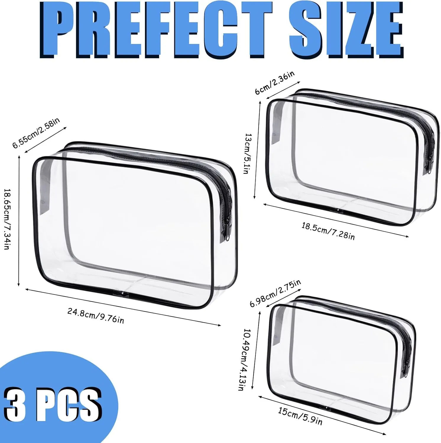 3 Pack Clear Cosmetic Bag, Waterproof Toiletry Bag with Zipper, Transparent Travel Makeup Bags, TSA Approved Clear Organizer Bags, PVC Cosmetic Pouch Case for Vacation Airport Airline Compliant