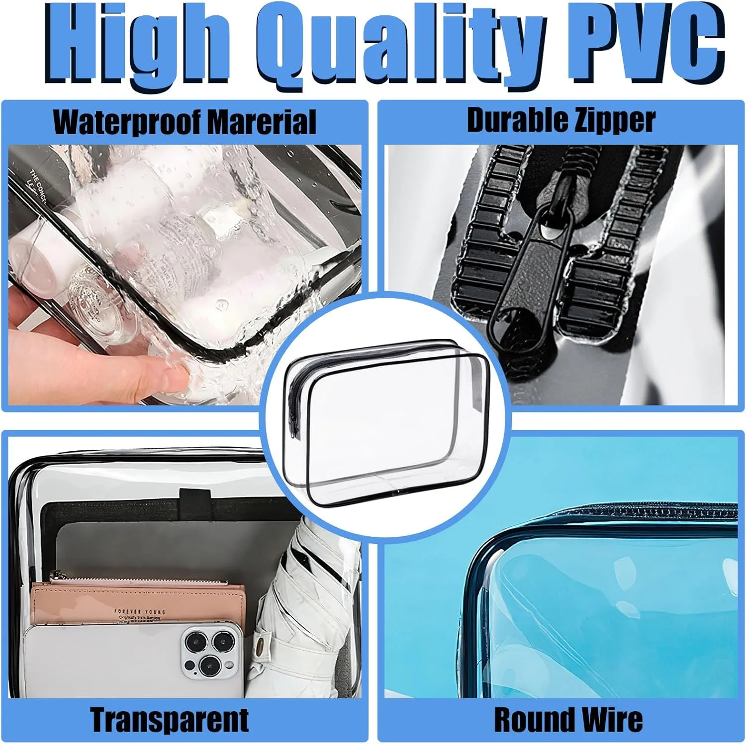 3 Pack Clear Cosmetic Bag, Waterproof Toiletry Bag with Zipper, Transparent Travel Makeup Bags, TSA Approved Clear Organizer Bags, PVC Cosmetic Pouch Case for Vacation Airport Airline Compliant