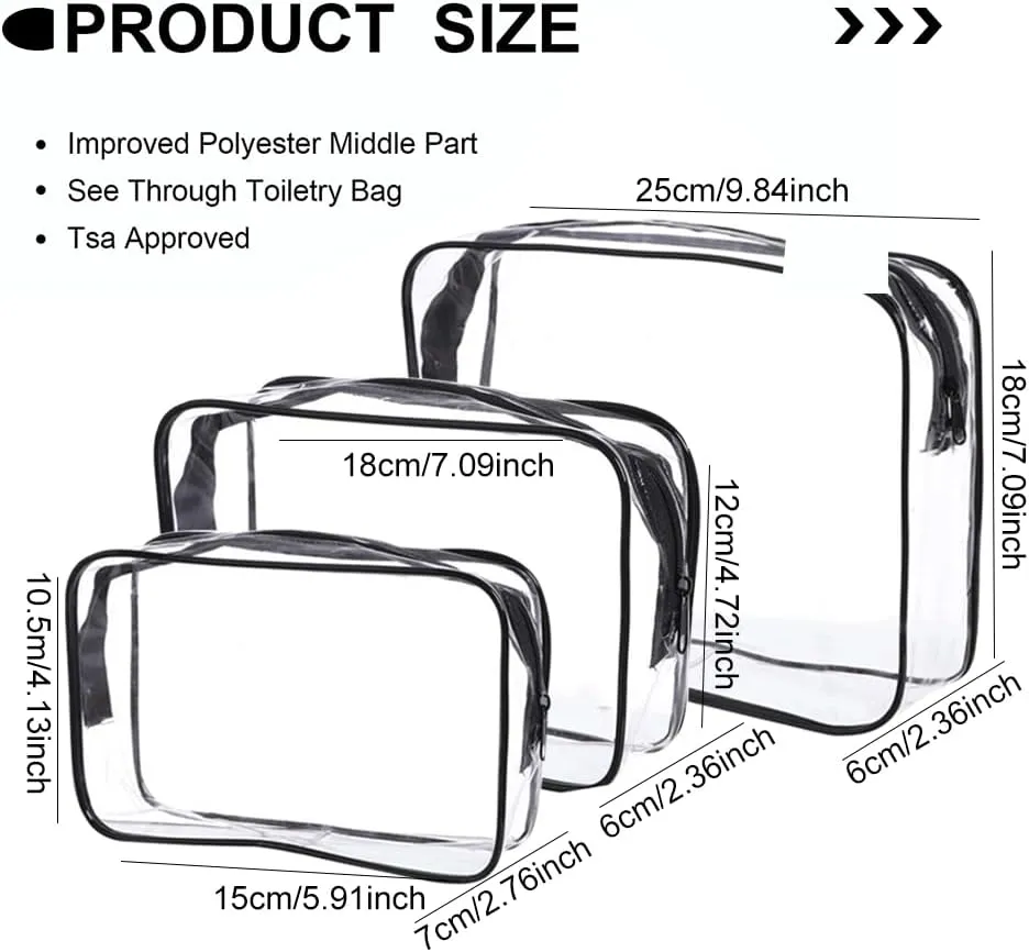 3 PACK Clear Toiletry Bag Wih Zippers,Clear Cosmetic Makeup Bags for Women Men, Waterproof Packing Organizer Compliant Bag,Waterproof Wash Bag(SML)