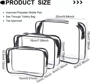 3 PACK Clear Toiletry Bag Wih Zippers,Clear Cosmetic Makeup Bags for Women Men, Waterproof Packing Organizer Compliant Bag,Waterproof Wash Bag(SML)