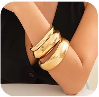 3PC Chunky Gold Bangles Bracelets Trendy Chunky Cuff Bracelets Wide Hammered Wrist Cuff Wrap Bracelet for Women