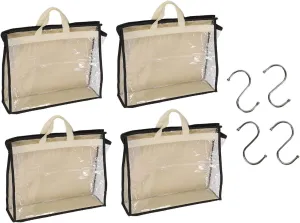 4 Piece Purse Dust Bags, Nonwoven Transparent PVC, 4 Sizes, Handbag Storage Organizer with S Hooks, Ideal for Bag Protection