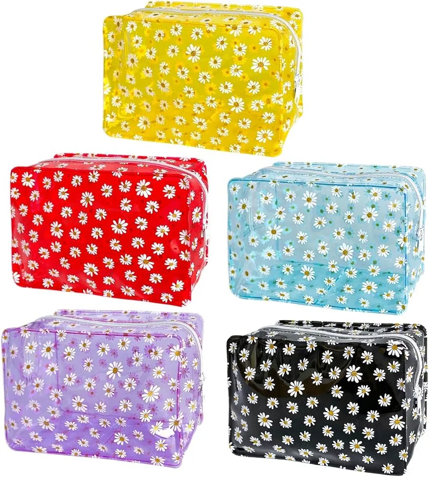 5PCS Portable Waterproof Daisy Makeup Pouch Sets for Travel,Colorful Makeup Bag with Zipper for Purse Brush Bag Pen Pouch