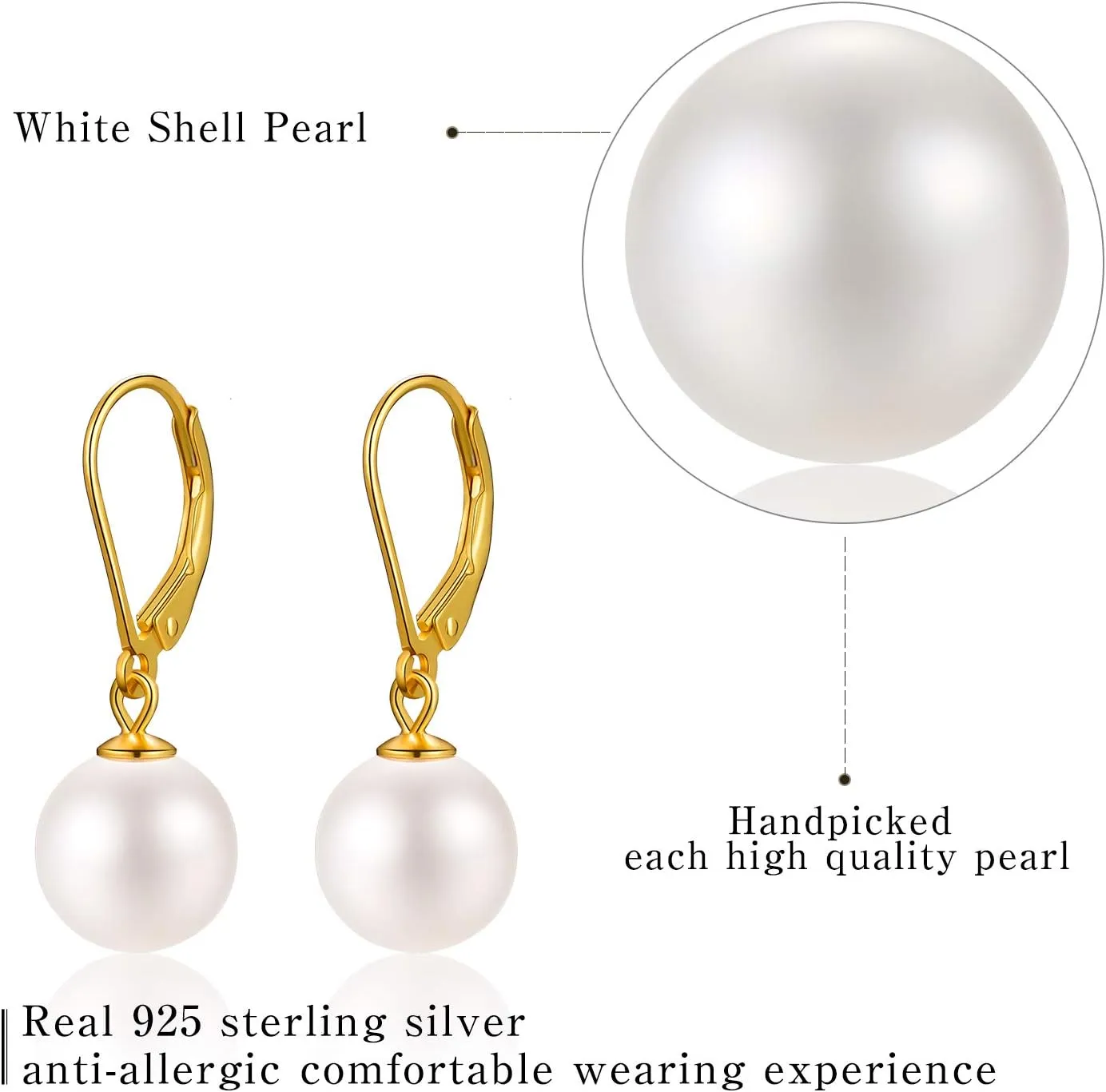 925 Sterling Shell Pearl Silver Earrings 6-12mm Handpicked White Shell Pearl Drop Leverback Earrings for Women