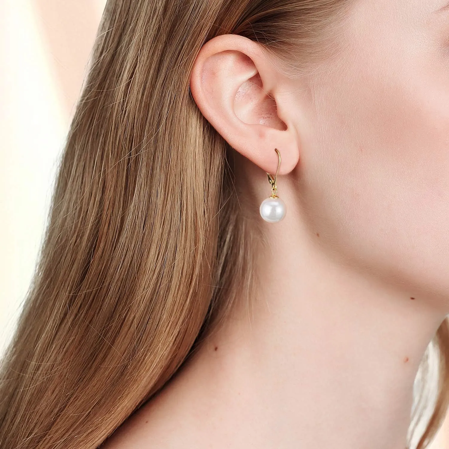 925 Sterling Shell Pearl Silver Earrings 6-12mm Handpicked White Shell Pearl Drop Leverback Earrings for Women