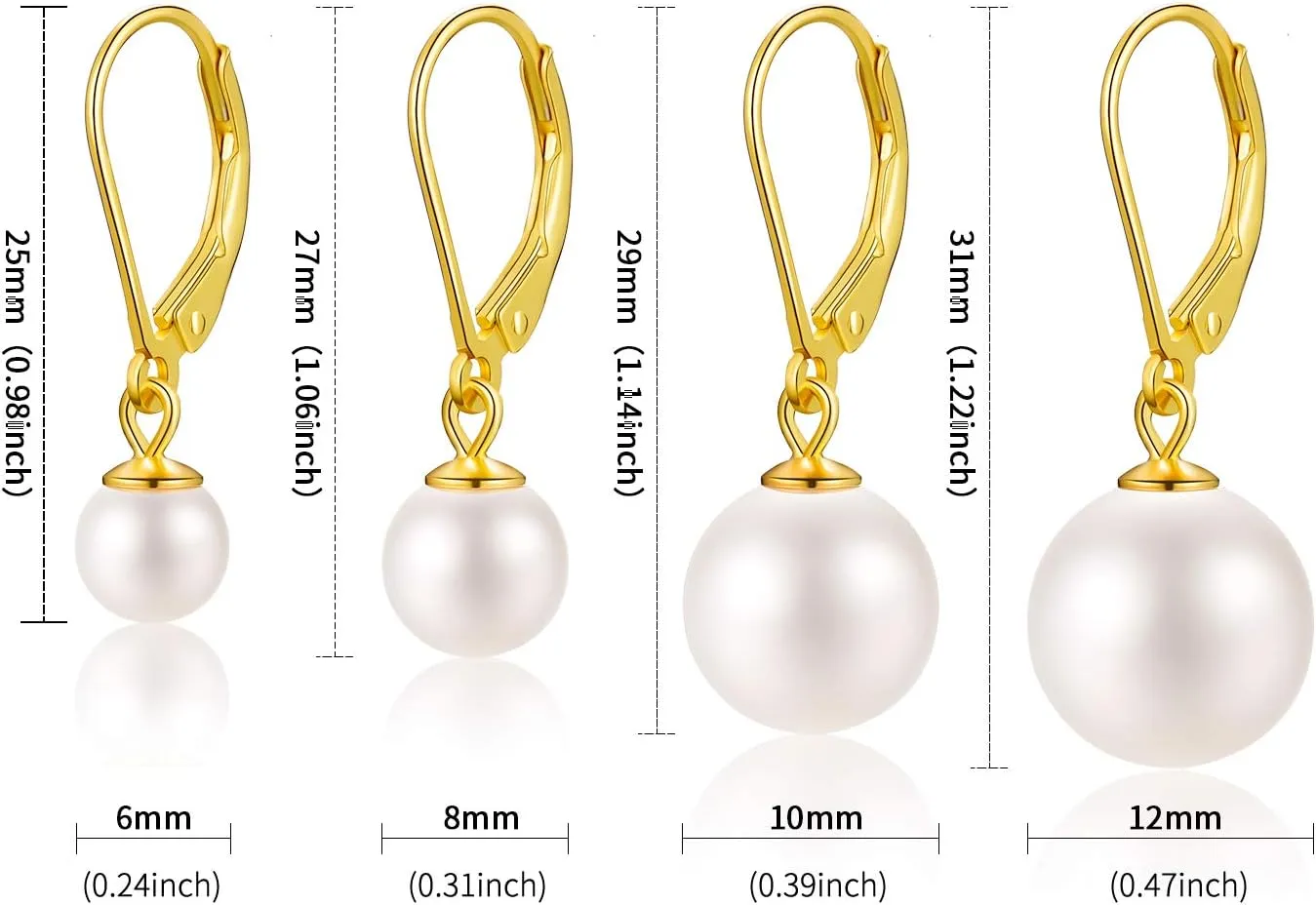 925 Sterling Shell Pearl Silver Earrings 6-12mm Handpicked White Shell Pearl Drop Leverback Earrings for Women