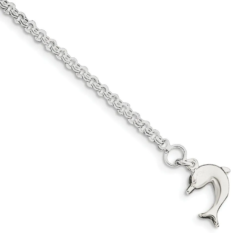 925 Sterling Silver 9inch 3-Dimensional Dolphin Anklet 9"