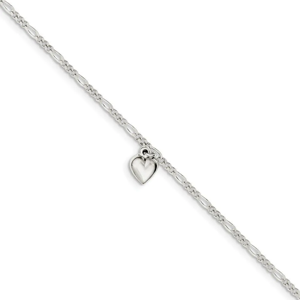 925 Sterling Silver Heart 1in Extension Anklet - with Secure Lobster Lock Clasp 9"