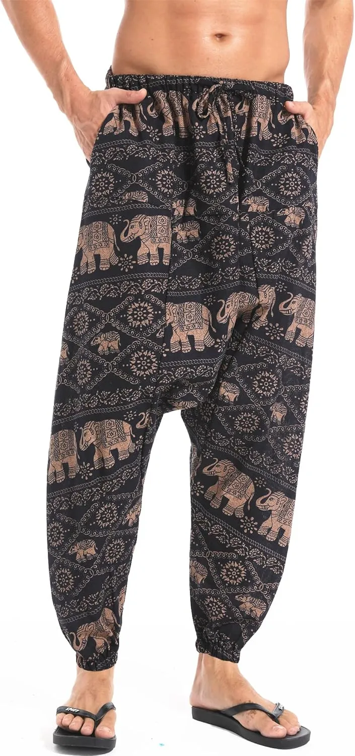AITFINEISM Men's Drawstring Aladdin Hippie Harem Pants Loose Drop Crotch Trousers
