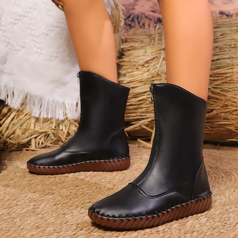Ankle Boots for Women Low Heel,2024 New Arch Support Booties Side Zip-up Vintage Leather Damping Shoes Flat Heel Booties