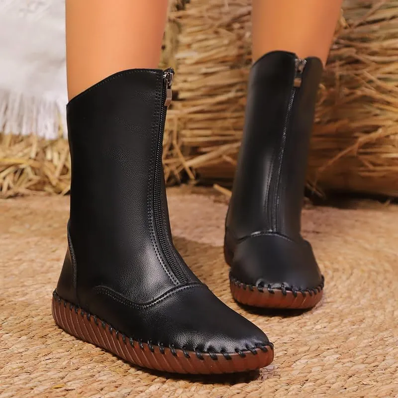 Ankle Boots for Women Low Heel,2024 New Arch Support Booties Side Zip-up Vintage Leather Damping Shoes Flat Heel Booties