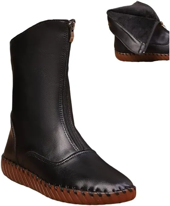 Ankle Boots for Women Low Heel,2024 New Arch Support Booties Side Zip-up Vintage Leather Damping Shoes Flat Heel Booties