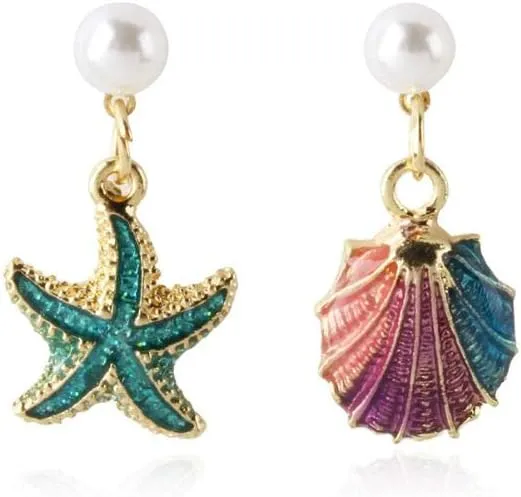 Asymmetrical Earrings Dangle Drop Ocean Starfish Sea Shell Nautical Beach Mermaid Jewelry