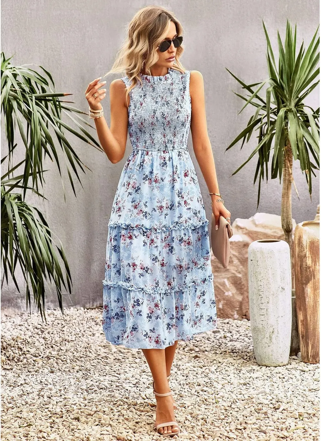 AVSMGP Women's 2023 Summer Casual Boho Floral Printed Spaghetti Strap Round Neck Ruffle A Line Swing Beach Mini Dress