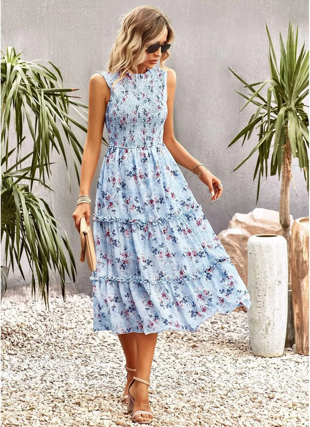AVSMGP Women's 2023 Summer Casual Boho Floral Printed Spaghetti Strap Round Neck Ruffle A Line Swing Beach Mini Dress