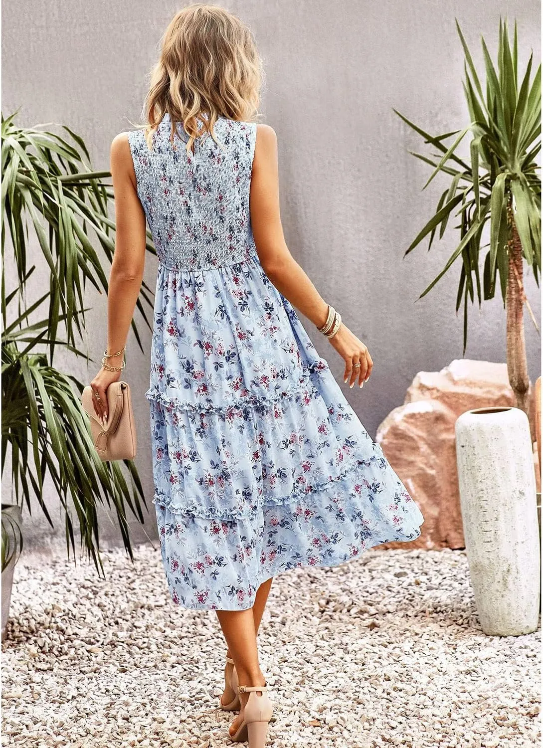 AVSMGP Women's 2023 Summer Casual Boho Floral Printed Spaghetti Strap Round Neck Ruffle A Line Swing Beach Mini Dress