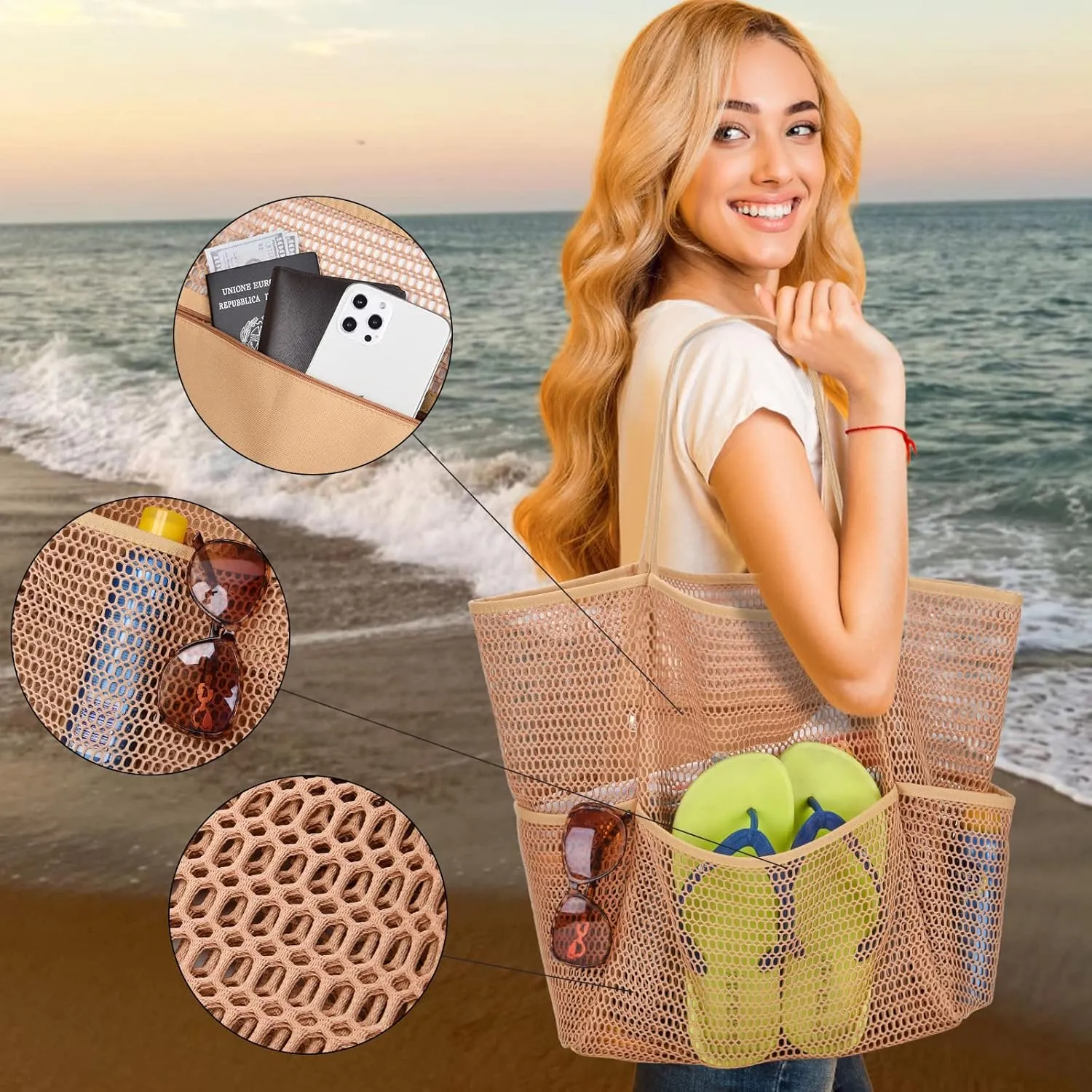 Beach Bag - Mesh Tote Bag Beach Vacation Clothes for Women Pool Bag for Travel Pool Family Cruise Essentials 2025
