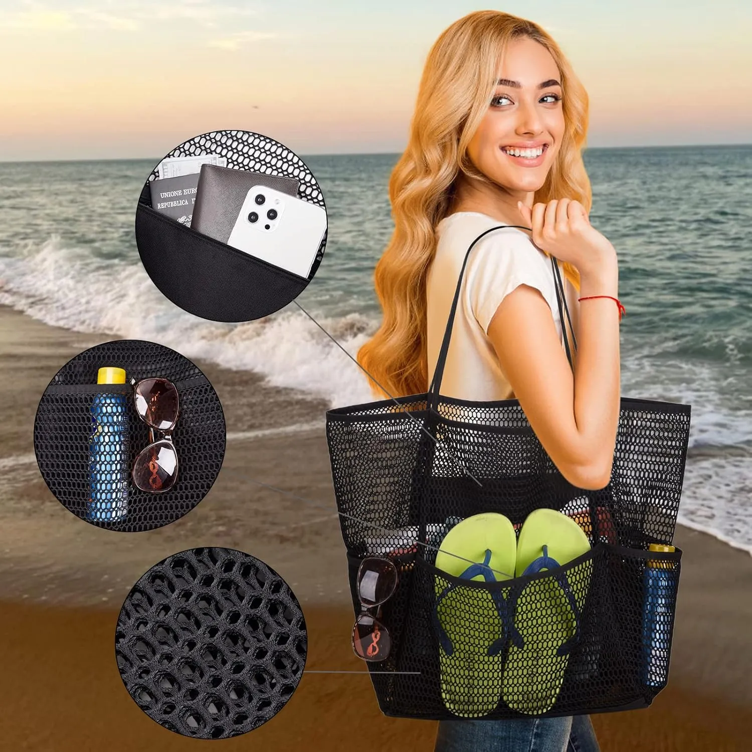 Beach Bag - Mesh Tote Bag Beach Vacation Clothes for Women Pool Bag for Travel Pool Family Cruise Essentials 2025