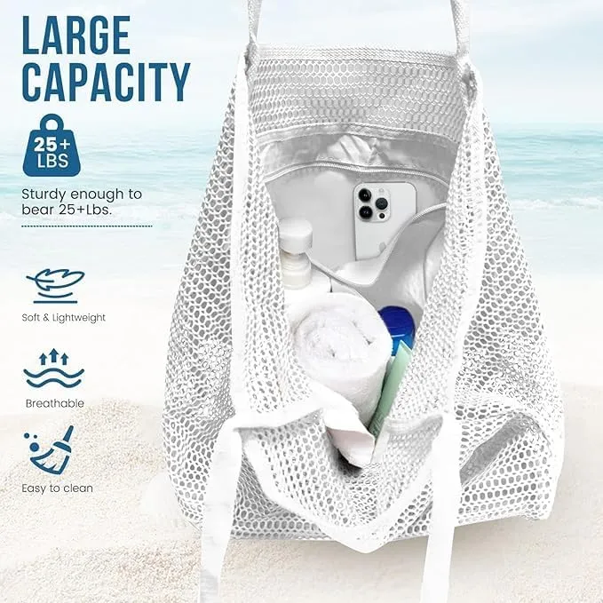Beach Bags for Women, Foldable Mesh Tote Bag with Mini Pocke, Womens Shoulder bag for Travel Beach Essentials Swimming Pool