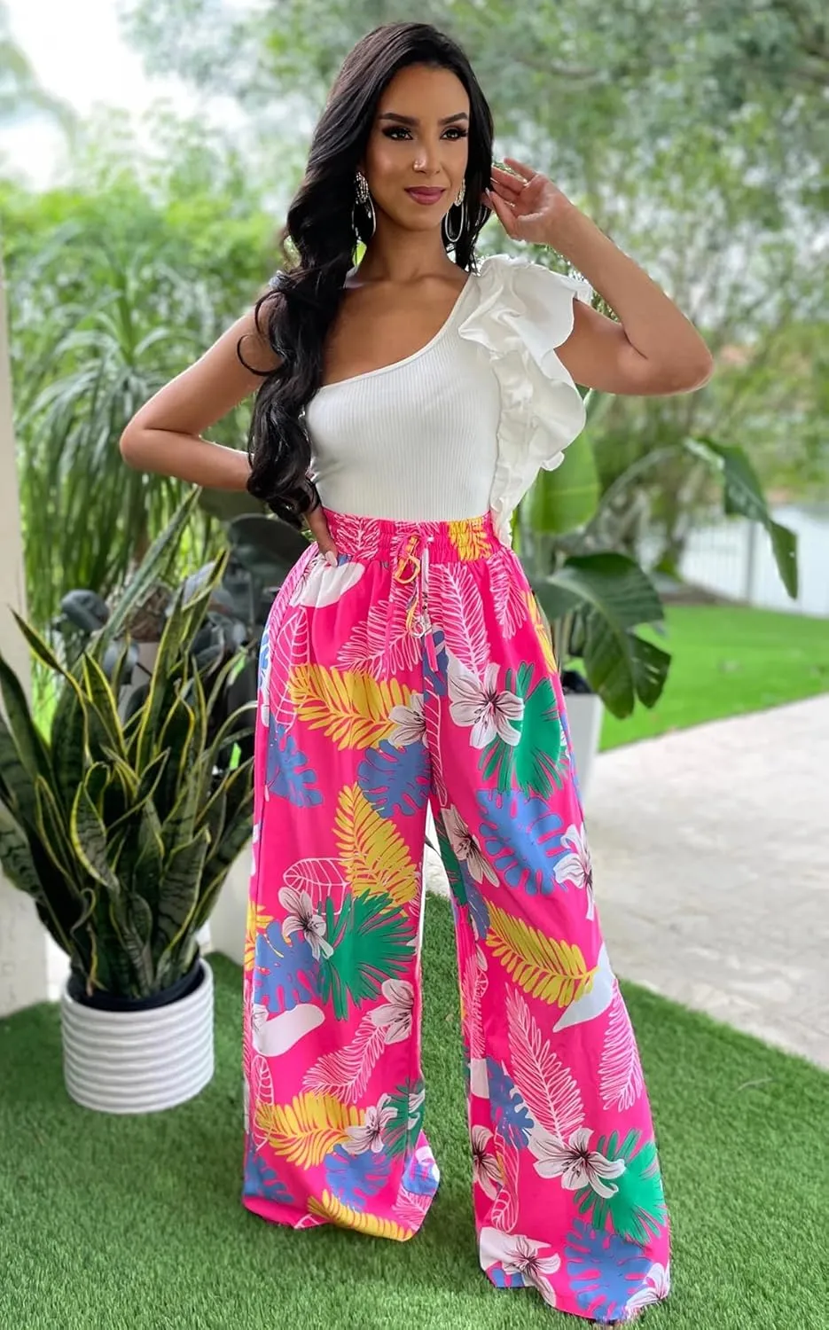 BFFBABY Womens Casual Palazzo Pants High Waist Printed Ruched Loose Flowy Lounge Wide Leg Pants (M-3XL)