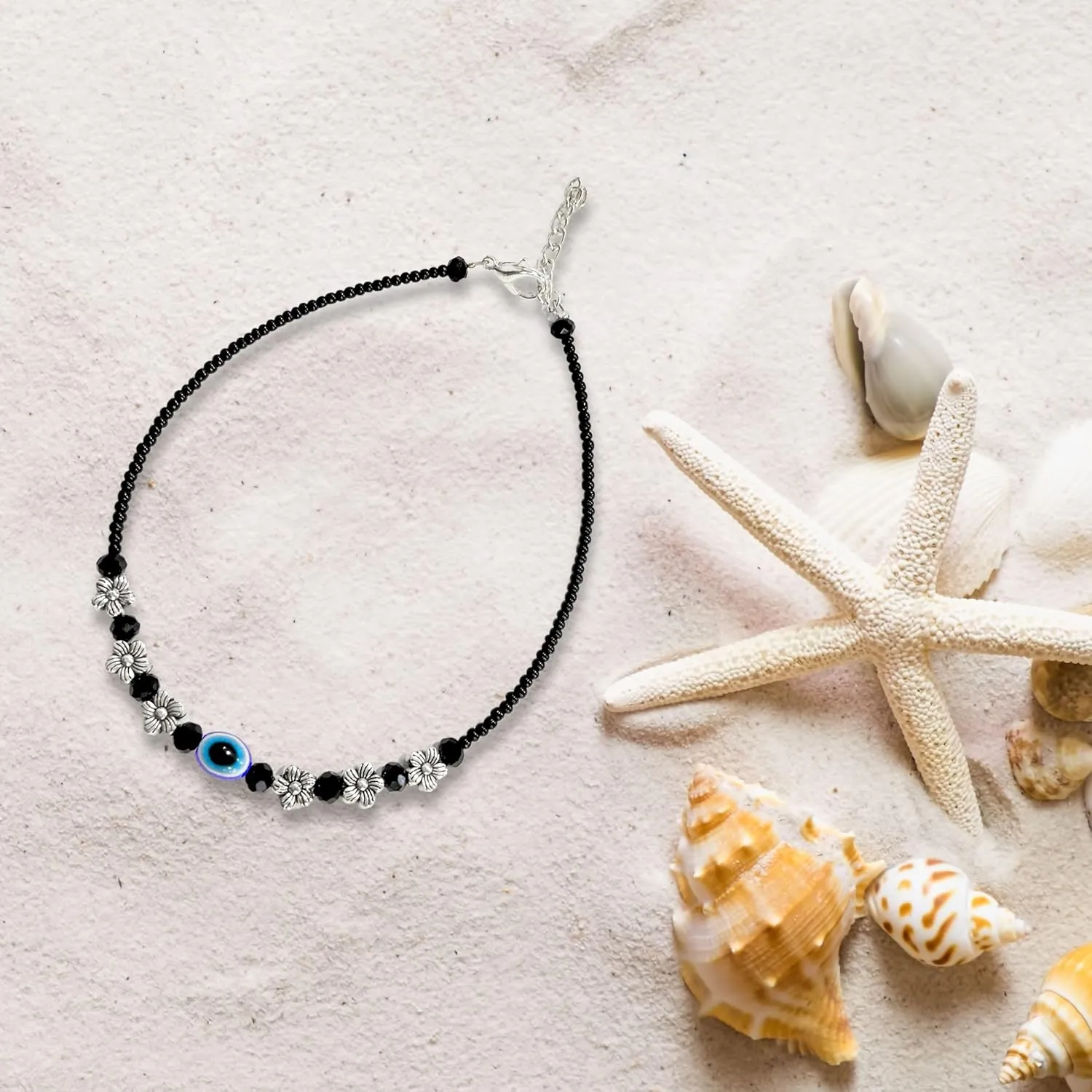 Black Bead Crystal Evil Eye Anklet Bracelet for Women Handmade Simple Waterproof Ankle Foot Bracelets for Women Minimalist Jewelry Adjustable