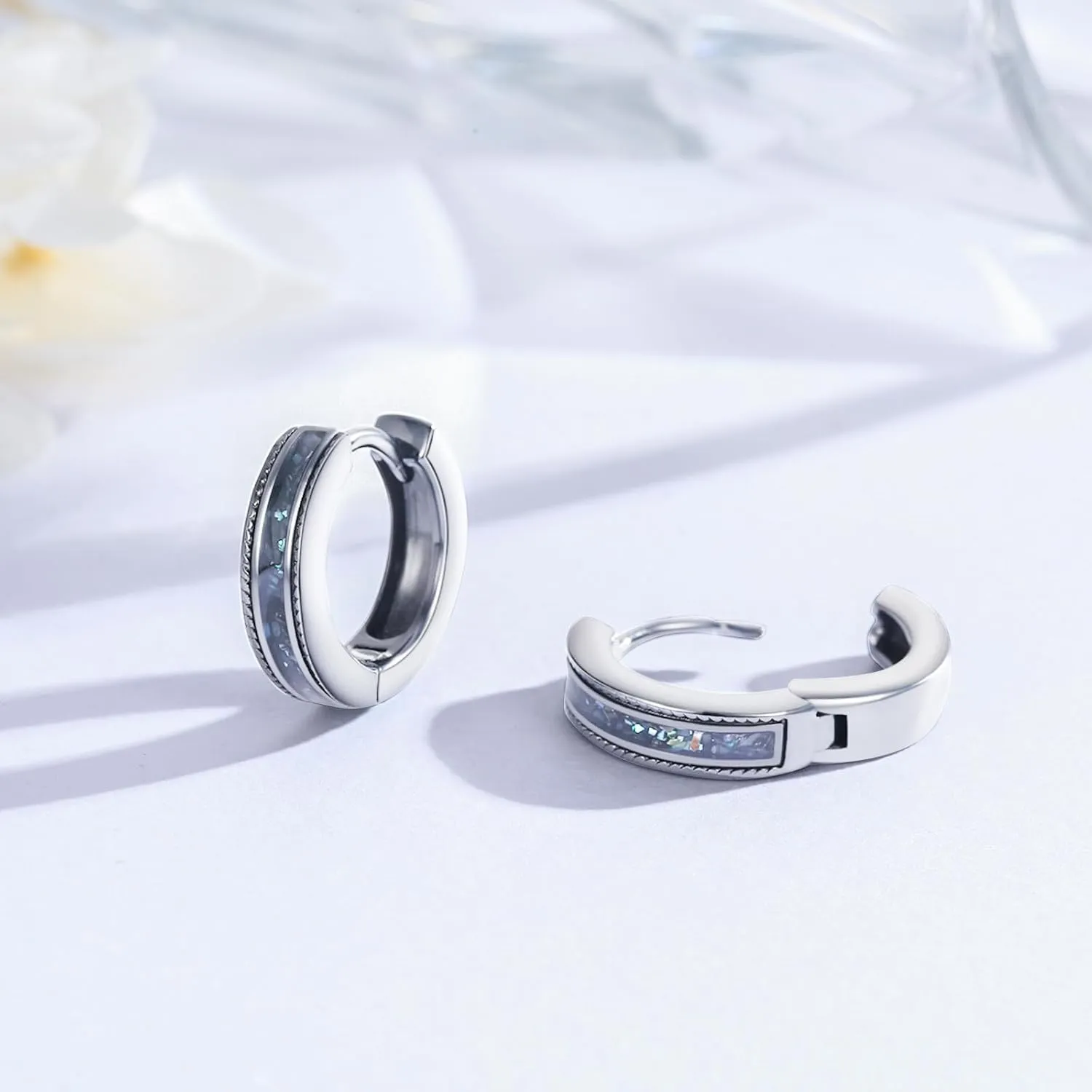 Black Hoop Earrings for Men Women 925 Sterling Silver Hypoallergenic Turquoise/Abalone Shell 15mm Huggie Earrings Punk Gothic Jewelry Gifts for Sensitive Ears Birthday