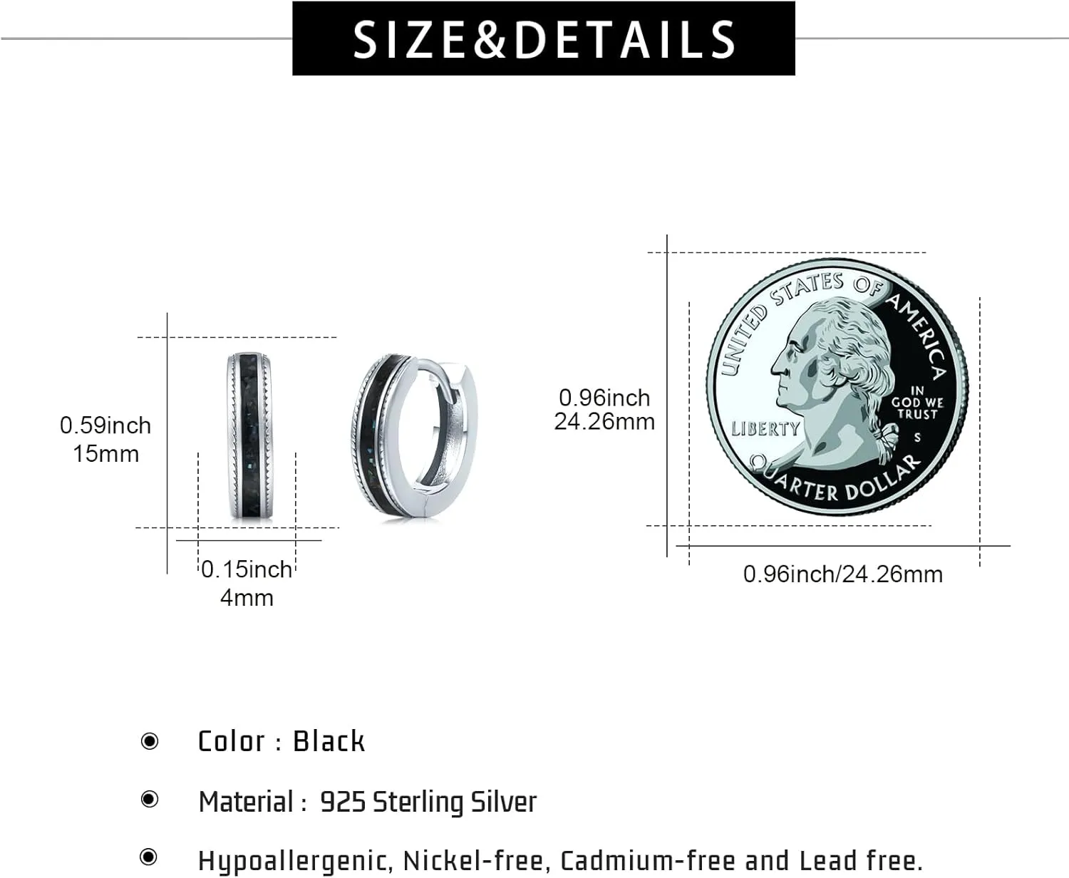 Black Hoop Earrings for Men Women 925 Sterling Silver Hypoallergenic Turquoise/Abalone Shell 15mm Huggie Earrings Punk Gothic Jewelry Gifts for Sensitive Ears Birthday