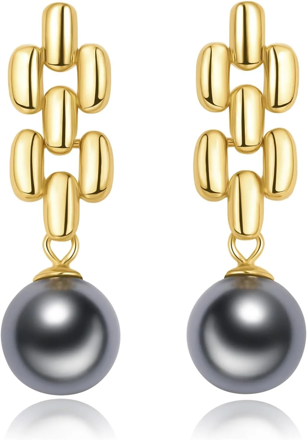 Black Pearl Drop Dangle Earrings, 925 Sterling Silver with 18K Gold/White Gold Plated - Chain Link/French Wire Hook, 10mm Black Pearls, Gifts for Women