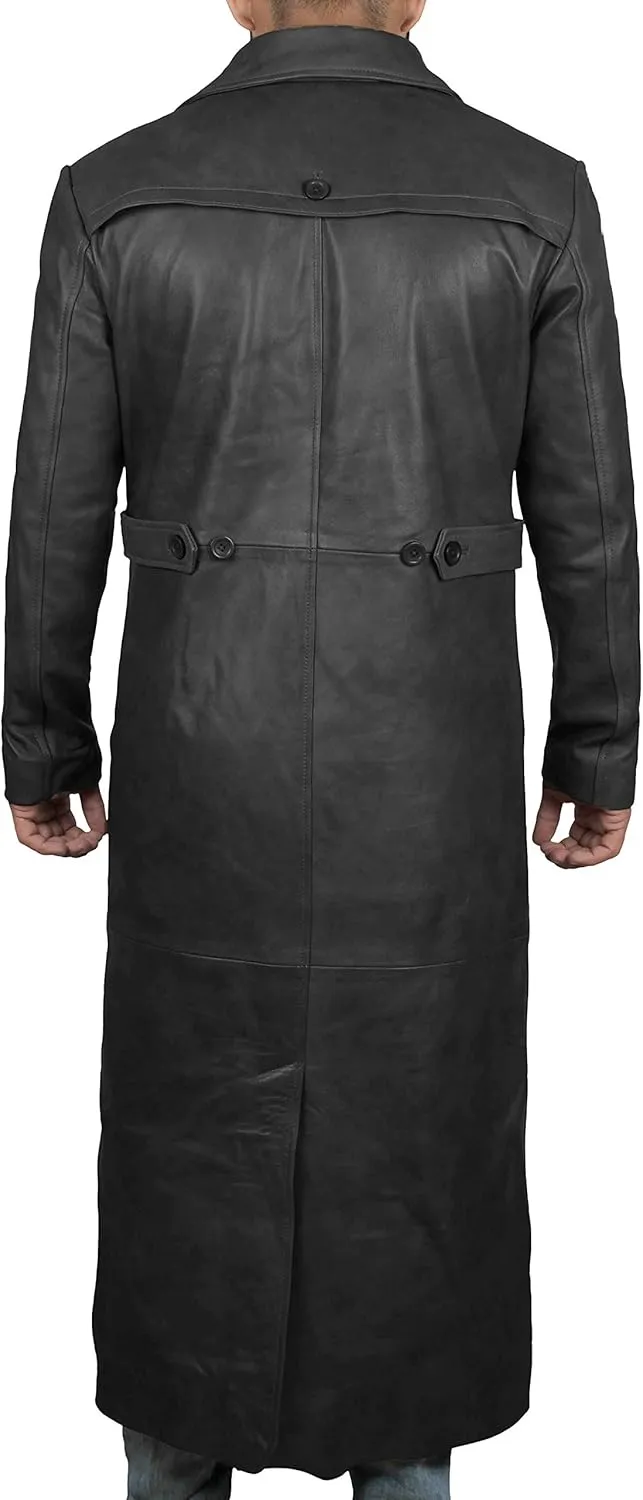 Blingsoul Leather Trench Coat Men - Real Leather Long Overcoat for Mens
