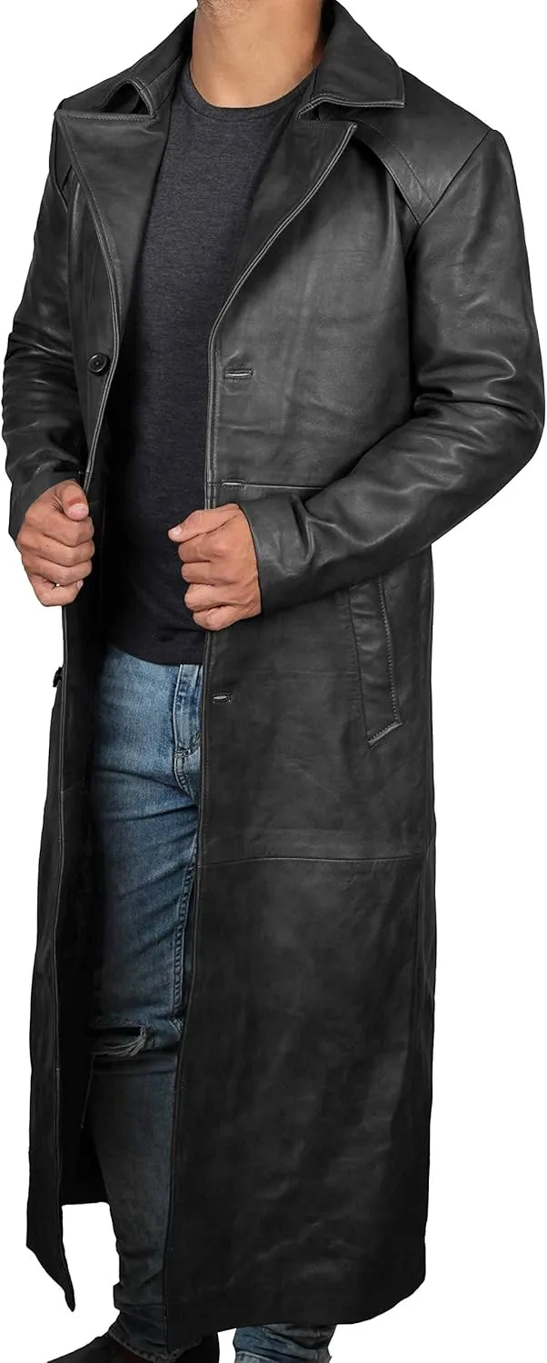 Blingsoul Leather Trench Coat Men - Real Leather Long Overcoat for Mens