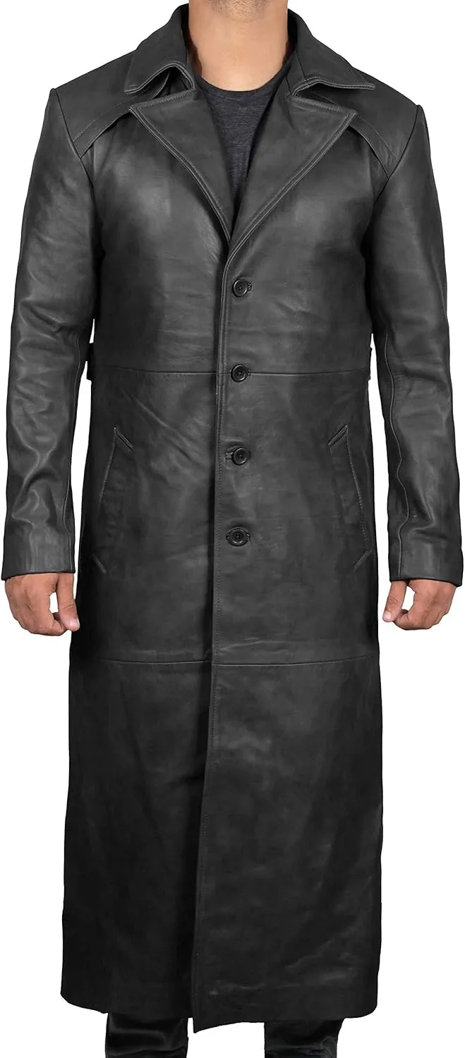 Blingsoul Leather Trench Coat Men - Real Leather Long Overcoat for Mens