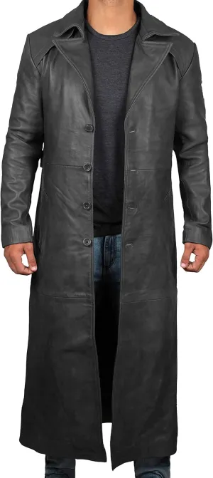 Blingsoul Leather Trench Coat Men - Real Leather Long Overcoat for Mens