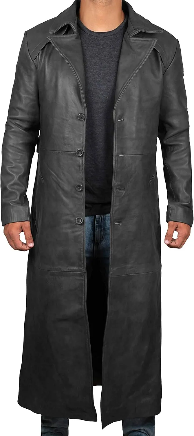 Blingsoul Leather Trench Coat Men - Real Leather Long Overcoat for Mens