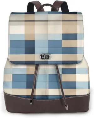 Blue Beige Square Pattern Print Leather Backpack Laptop Bookbag For Women Men,Bookbag Weekend Daypack,For Travel Work
