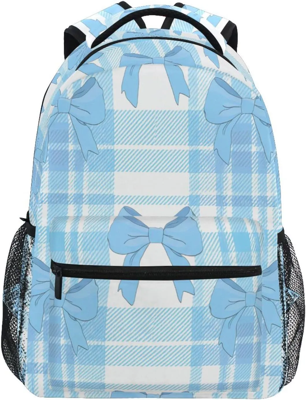 Blue Bows Plaid Backpack Laptop Backpack Casual Daypack with Name Tag for Men Women, Fits 15" Laptop