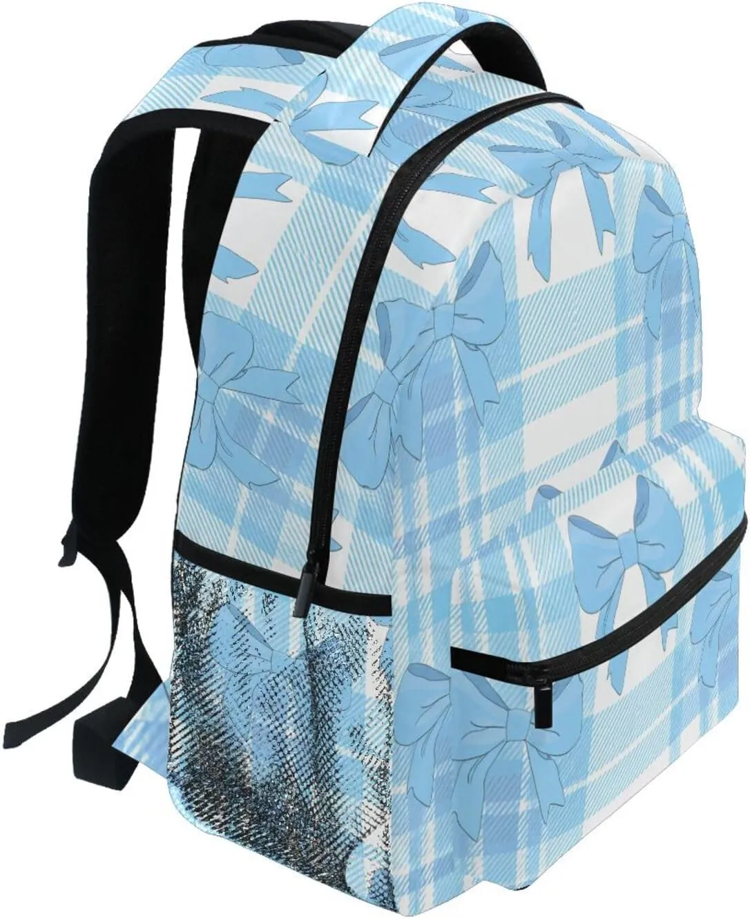 Blue Bows Plaid Backpack Laptop Backpack Casual Daypack with Name Tag for Men Women, Fits 15" Laptop