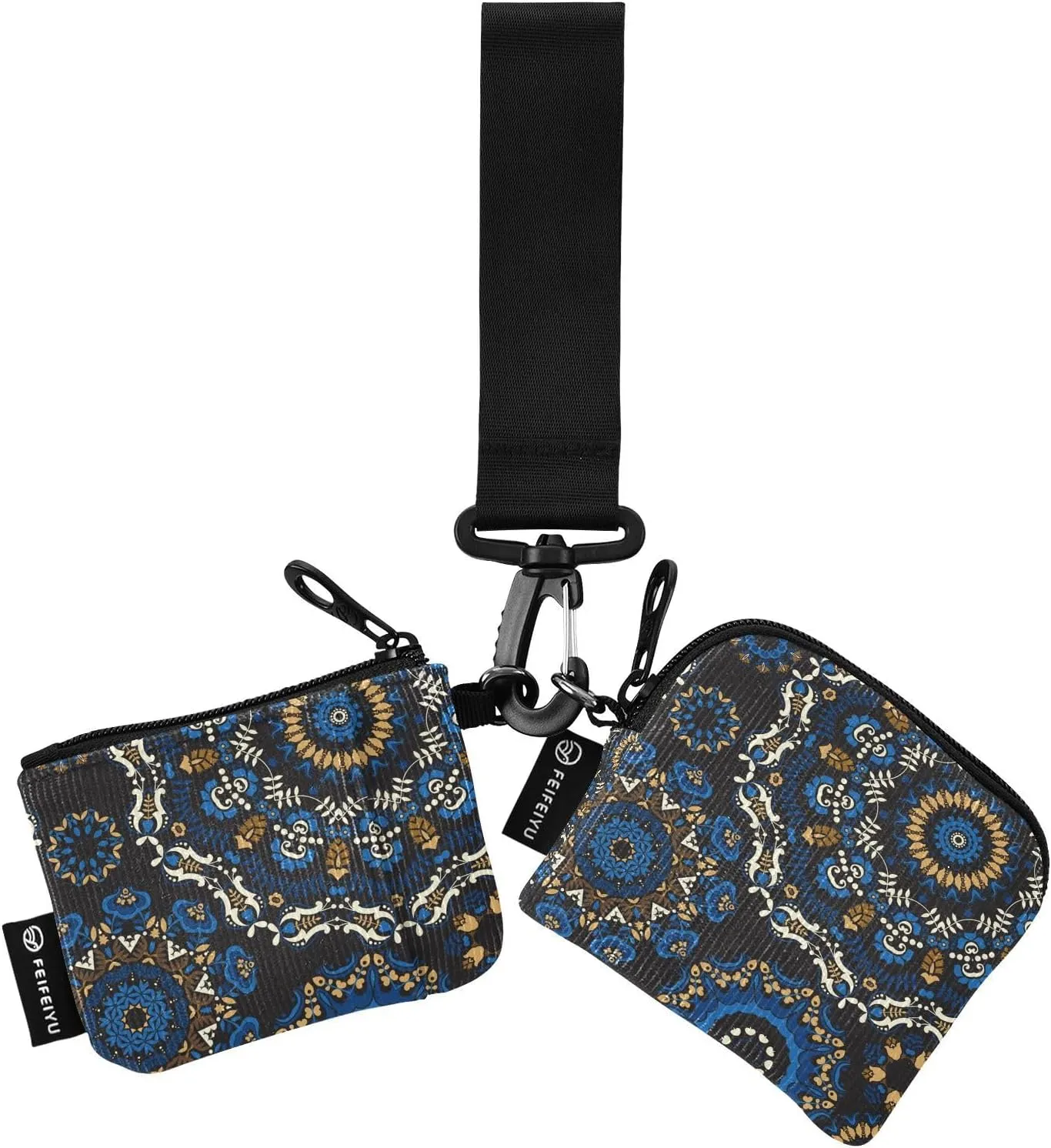 Blue Mandala Floral Wristlet Keychain Wallets for Women Portable Small Coin Purse