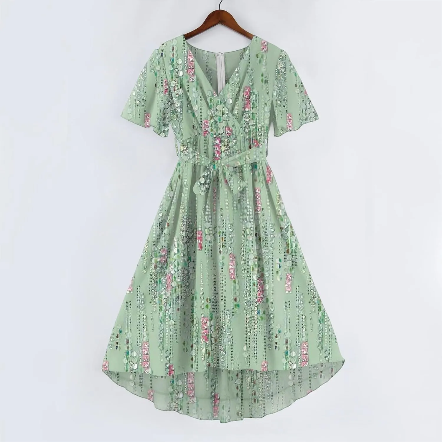 Boho Dresses for Women,2025 Summer Trendy Floral Chiffon Midi Dress,Elegant V Neck Belted Flowy Beach Vacation Dress